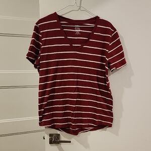 P2P 21.5" George Women's V-Neck Top - Burgundy and White Stripes